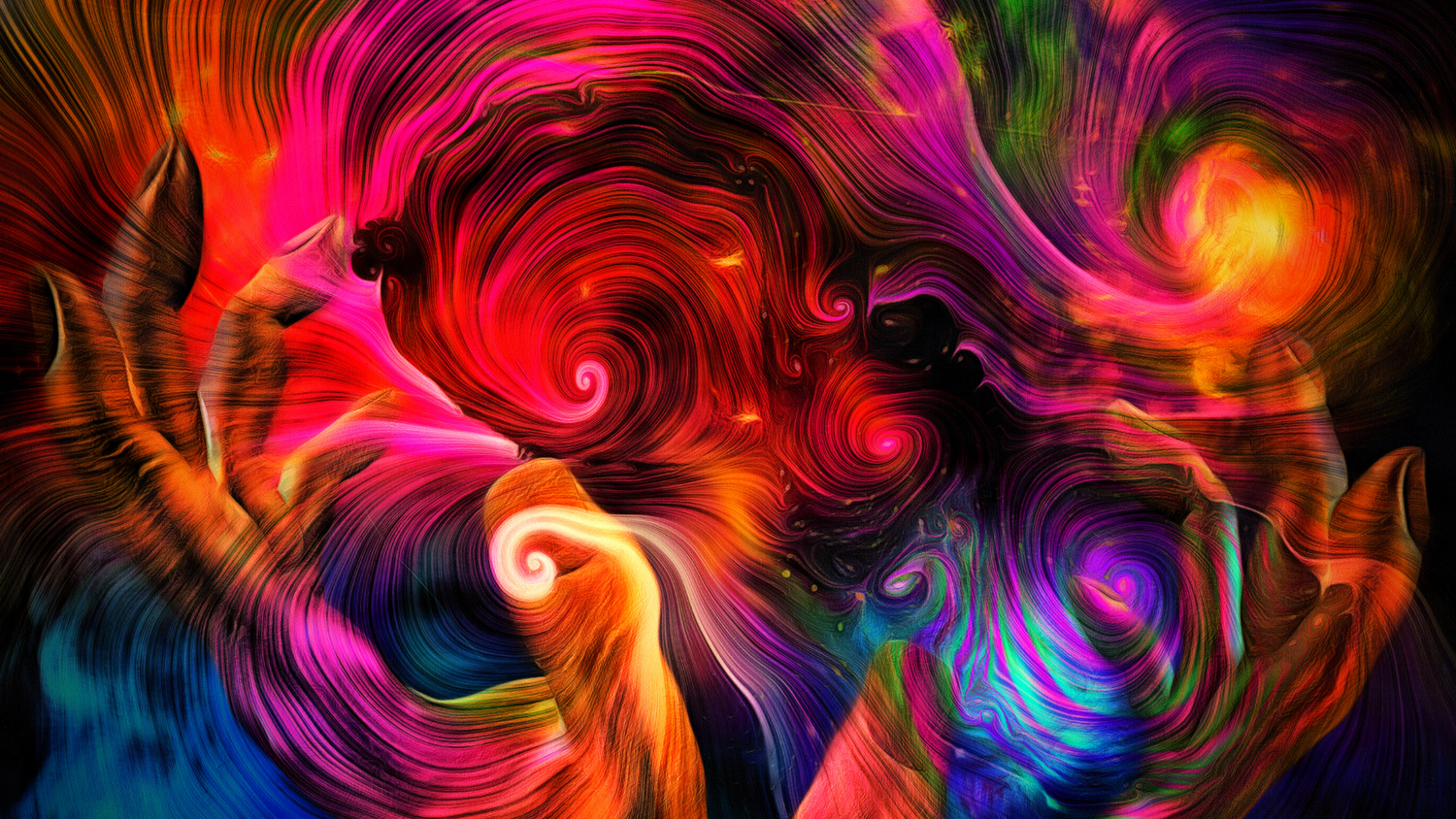 Various colored bright swirls overlaid by open in background